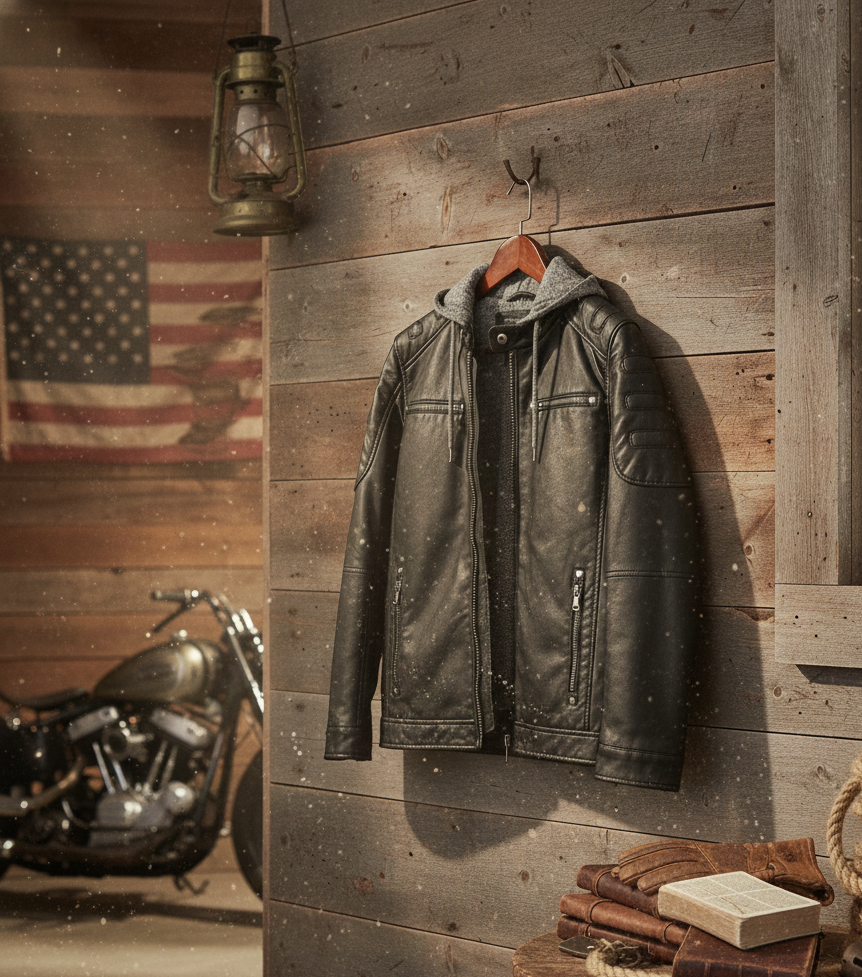 Vegan Leather Moto Jacket with Knit Hoodie