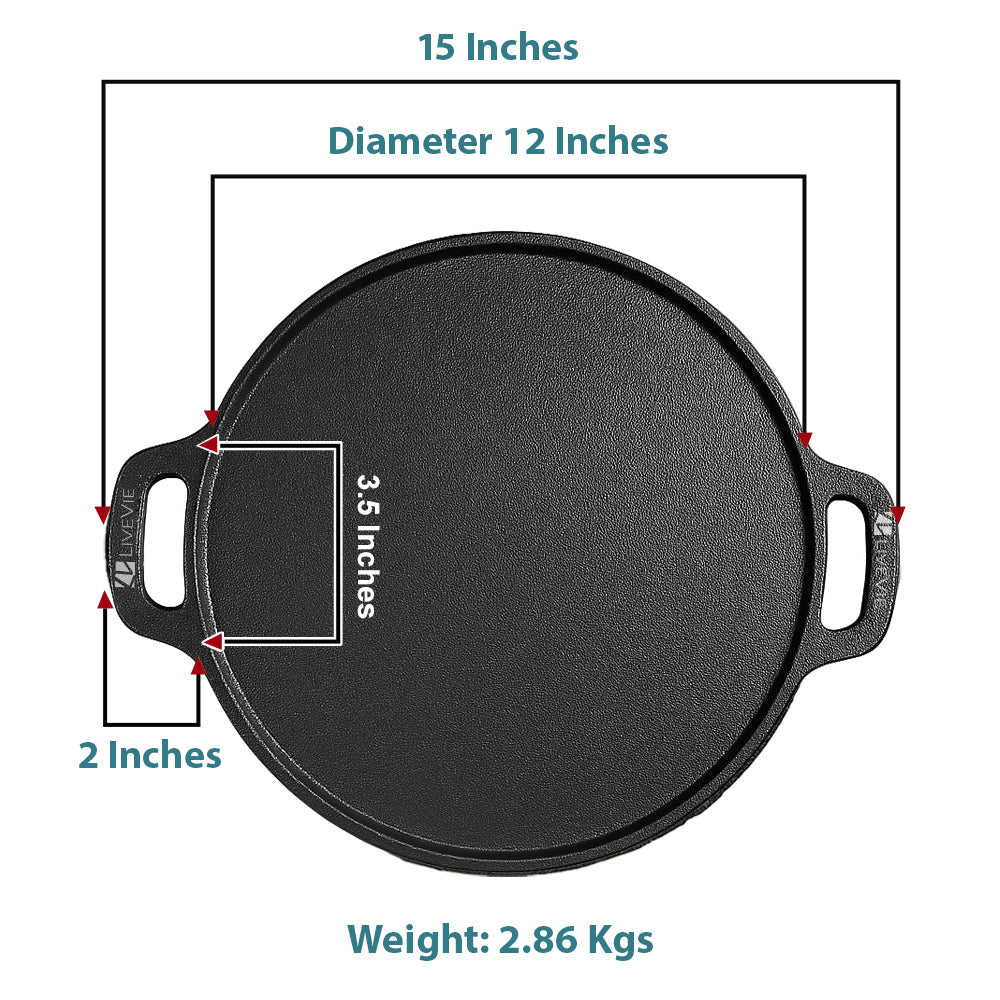 Cast Iron Tawa 12 Inch with Double Handle Pre-Seasoned Flat Tawa for