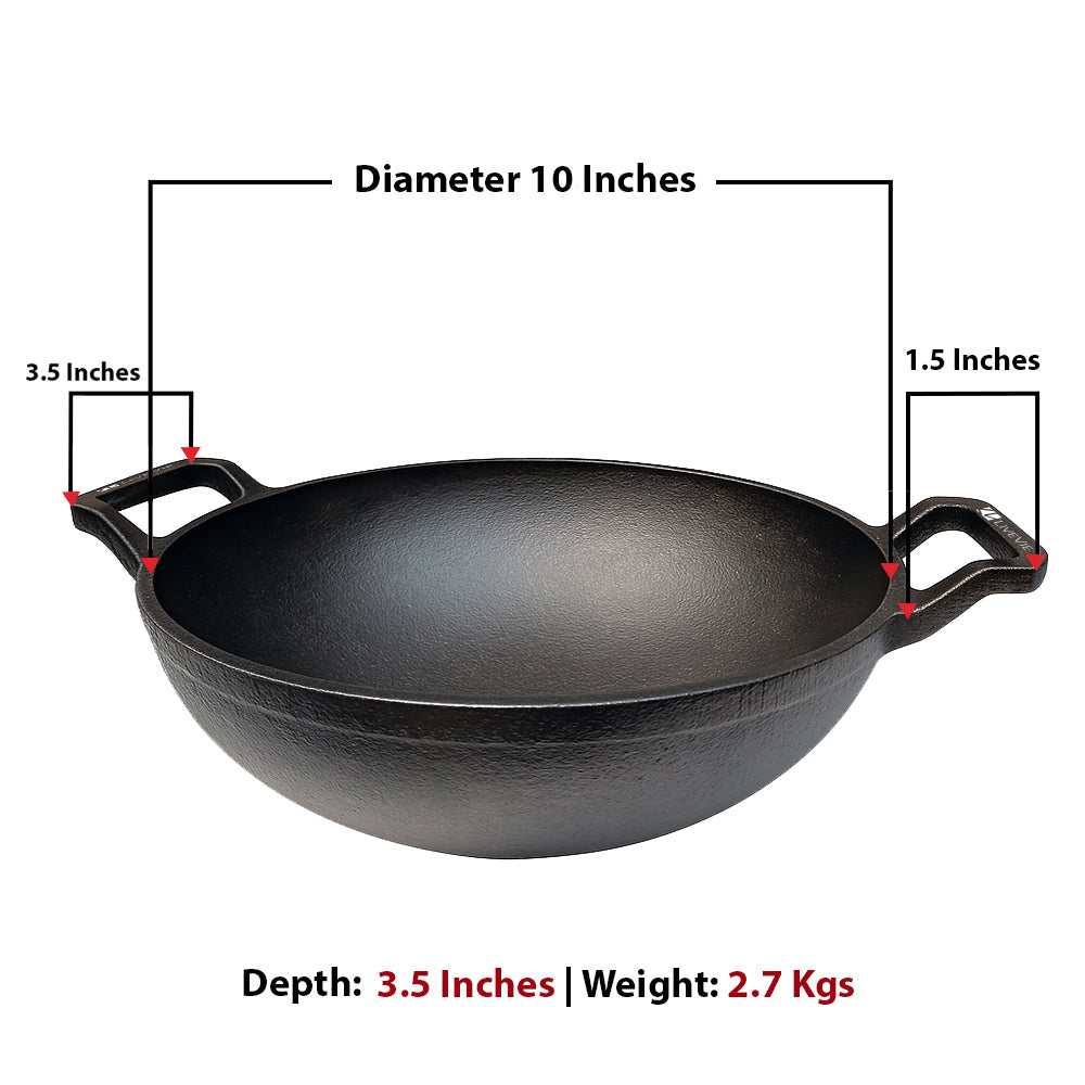 Cast Iron Deep Kadai Wok with Dual Handles, Heavy-Duty Cooking Pot for