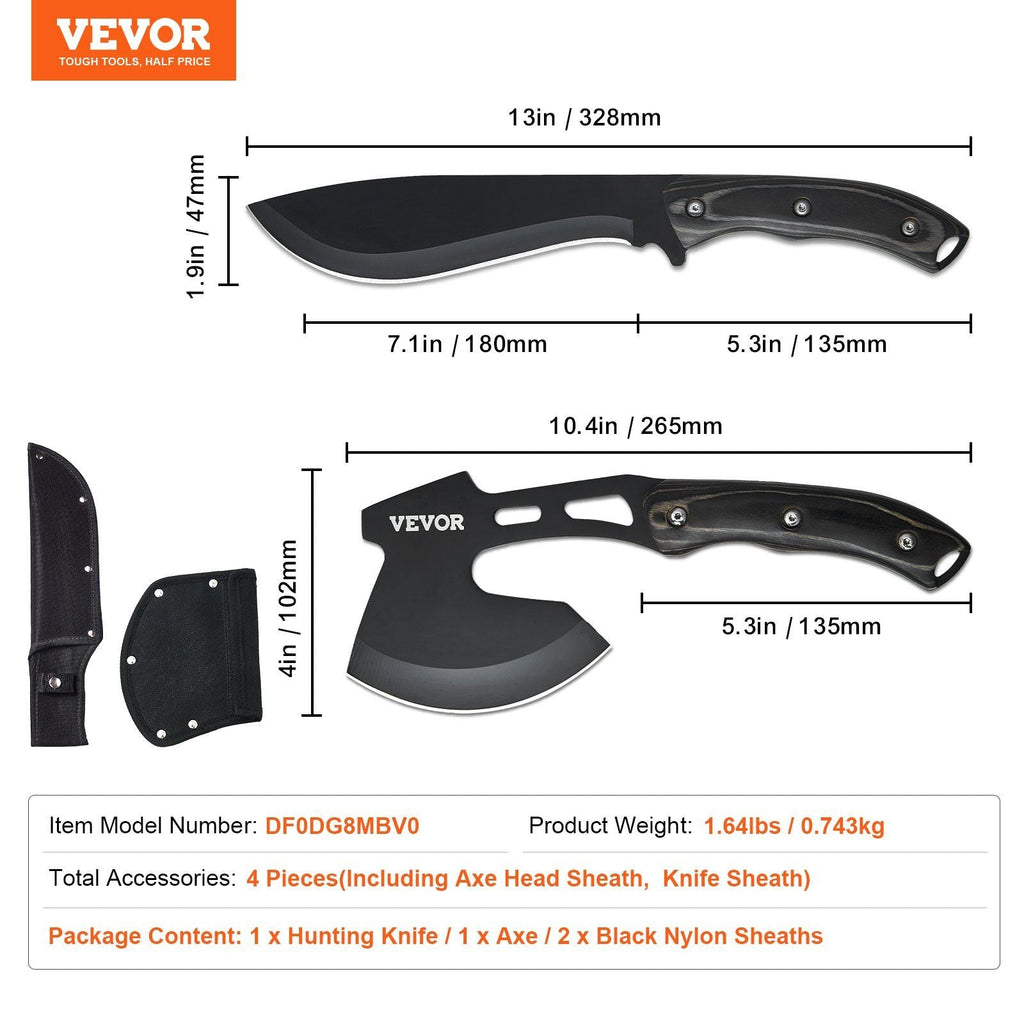 Hunting Knife and Hatchet Axe Combo Set Sheath Fixed Blade Knife