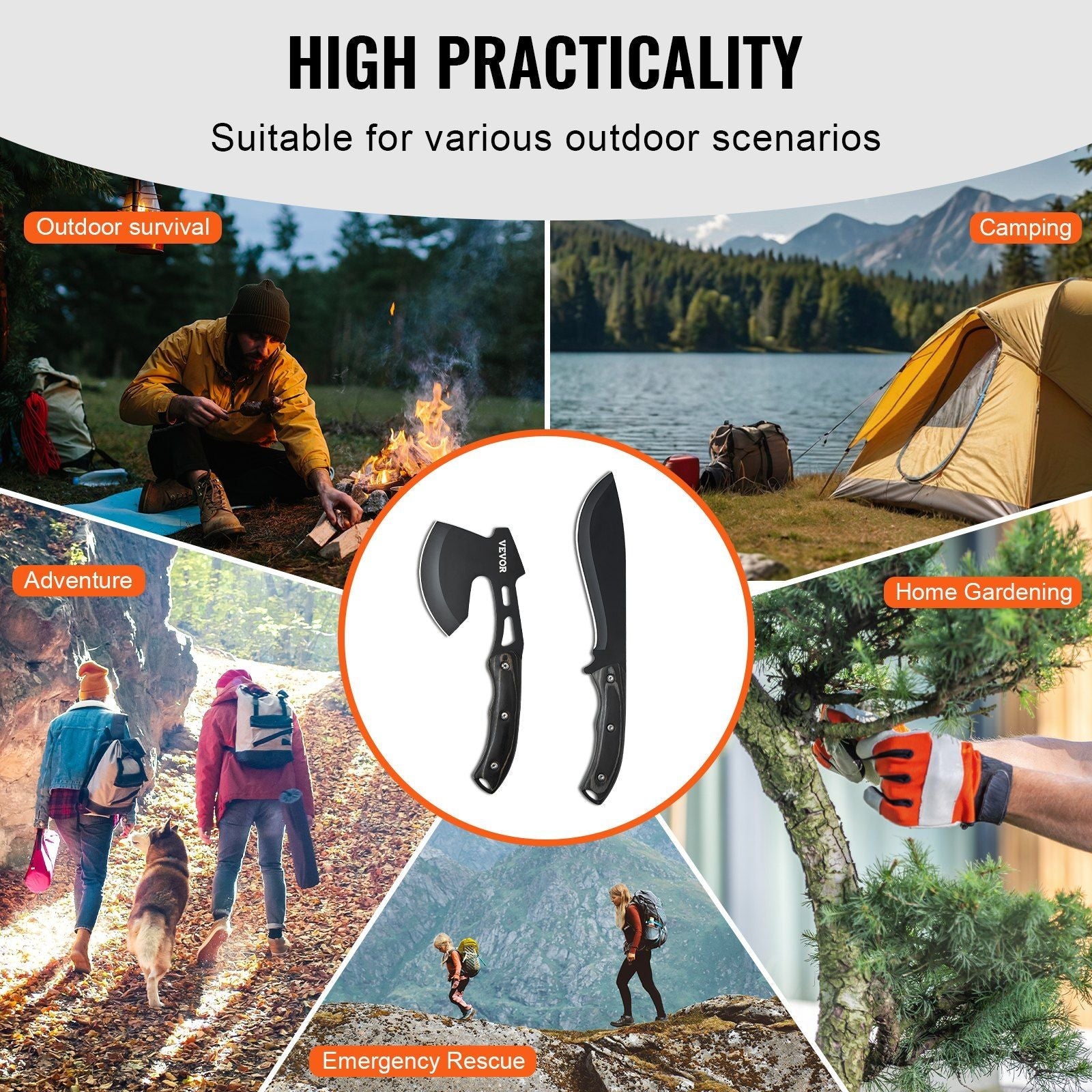 Hunting Knife and Hatchet Axe Combo Set Sheath Fixed Blade Knife