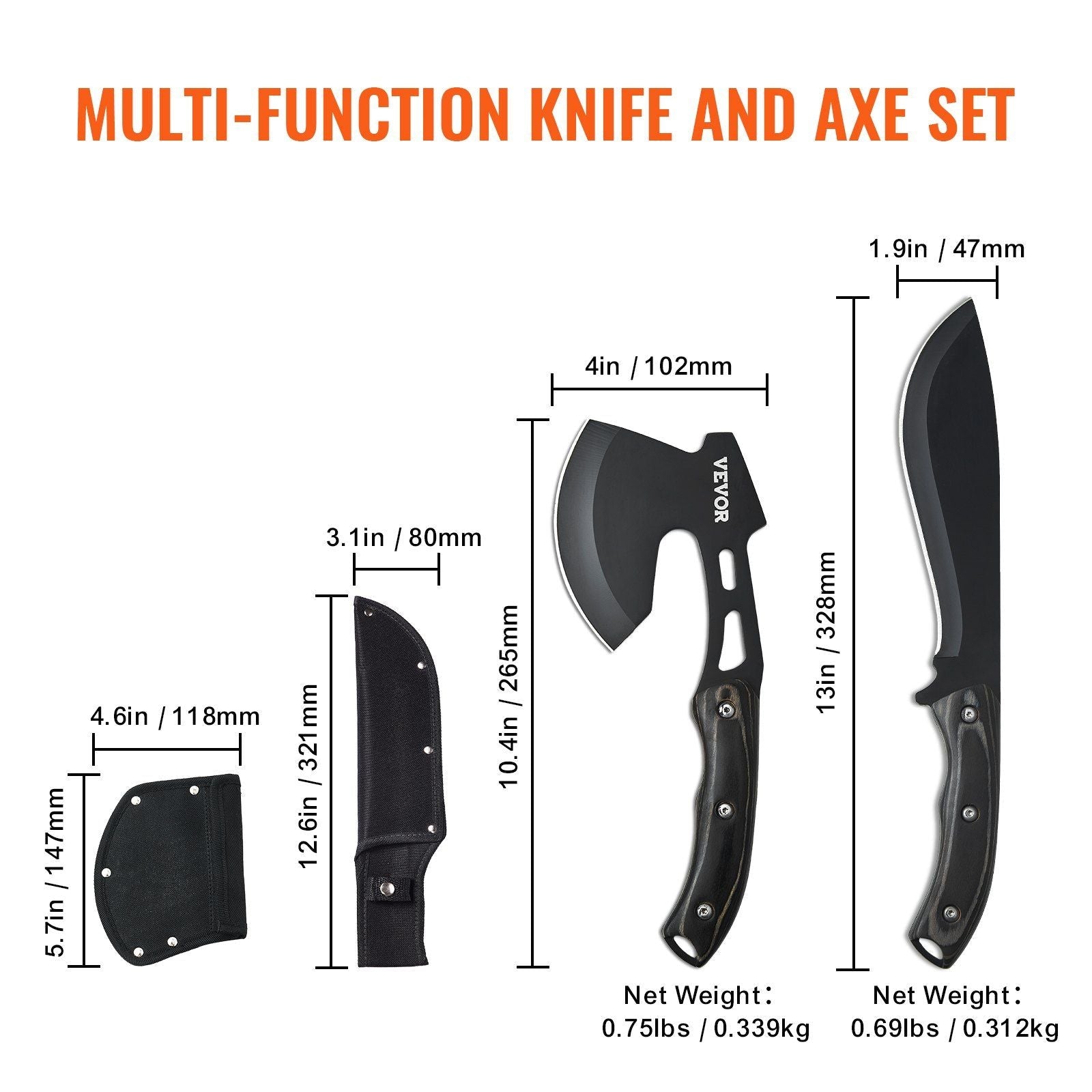 Hunting Knife and Hatchet Axe Combo Set Sheath Fixed Blade Knife