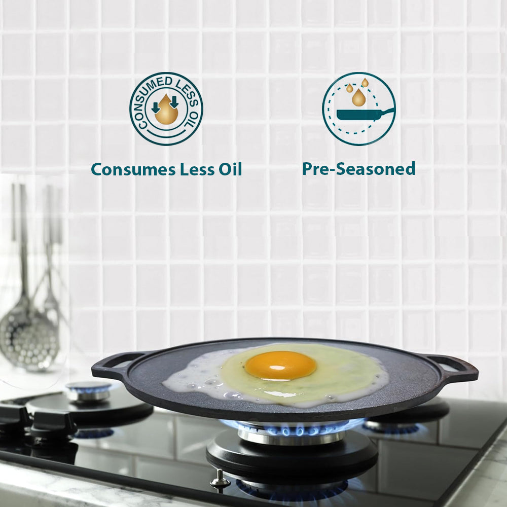 Cast Iron Tawa 12 Inch with Double Handle Pre-Seasoned Flat Tawa for